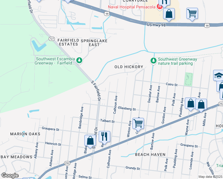map of restaurants, bars, coffee shops, grocery stores, and more near 1006 Rentz Avenue in Pensacola