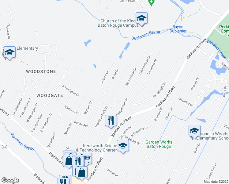 map of restaurants, bars, coffee shops, grocery stores, and more near 1046 Highland Park Dr in Baton Rouge