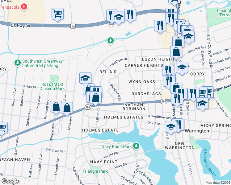 map of restaurants, bars, coffee shops, grocery stores, and more near 195 Richmond Street in Pensacola