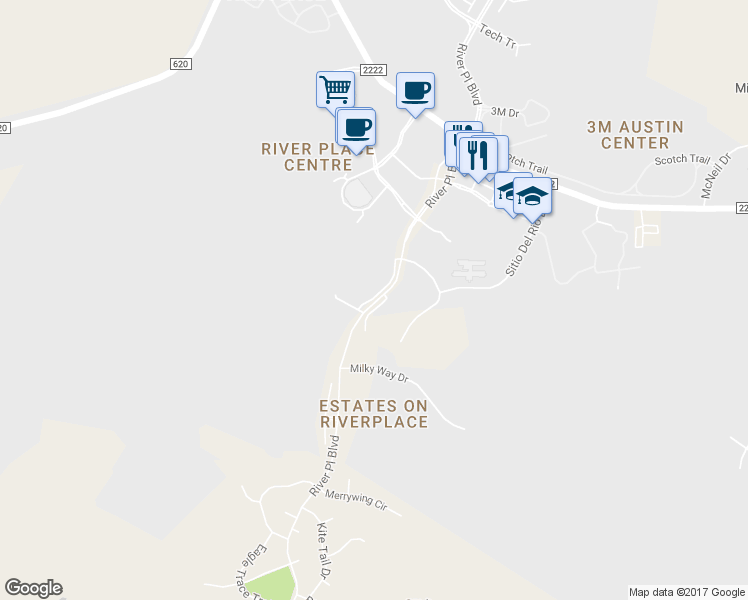 map of restaurants, bars, coffee shops, grocery stores, and more near 6212 River Place Boulevard in Austin