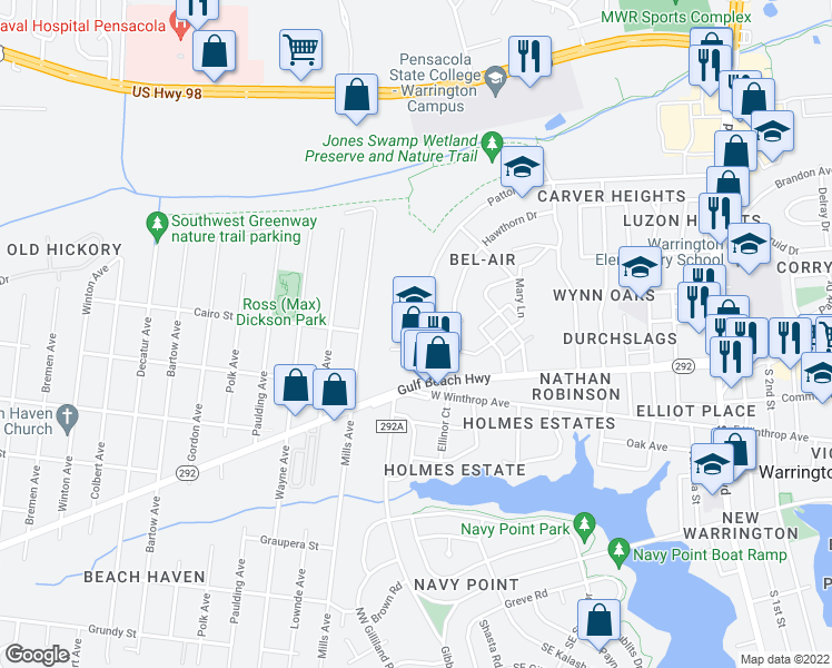 map of restaurants, bars, coffee shops, grocery stores, and more near 1321 Patton Dr in Pensacola