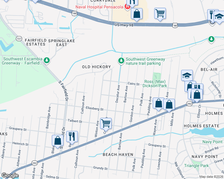 map of restaurants, bars, coffee shops, grocery stores, and more near 1004 Colbert Avenue in Pensacola