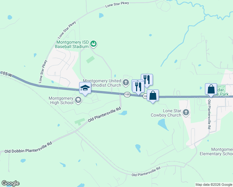 map of restaurants, bars, coffee shops, grocery stores, and more near 22710 Texas 105 in Montgomery