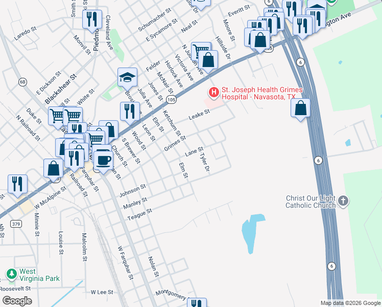 map of restaurants, bars, coffee shops, grocery stores, and more near 912 Lane Street in Navasota