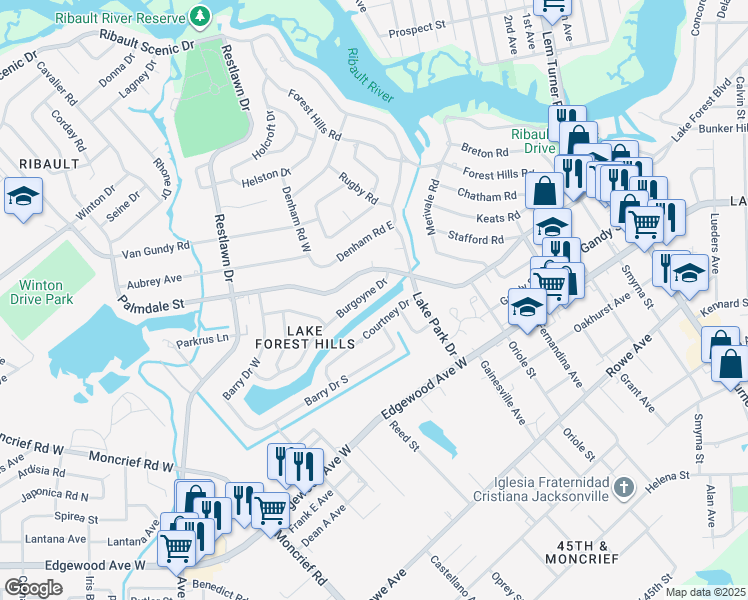 map of restaurants, bars, coffee shops, grocery stores, and more near 2124 Burgoyne Drive in Jacksonville