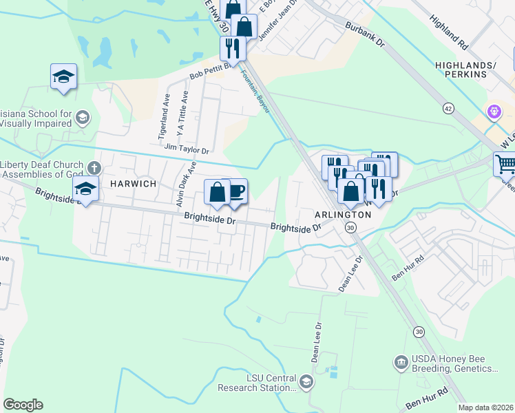 map of restaurants, bars, coffee shops, grocery stores, and more near 1710 Brightside Drive in Baton Rouge