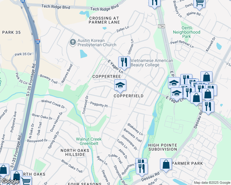 map of restaurants, bars, coffee shops, grocery stores, and more near 12136 Thompkins Drive in Austin