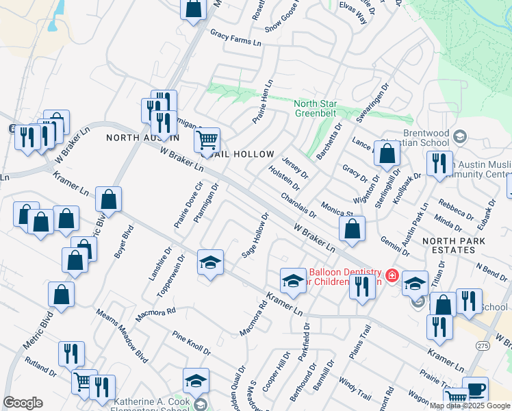 map of restaurants, bars, coffee shops, grocery stores, and more near 1605 West Braker Lane in Austin