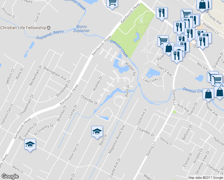 map of restaurants, bars, coffee shops, grocery stores, and more near 1829 Applewood Road in Baton Rouge