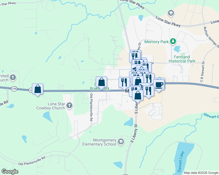 map of restaurants, bars, coffee shops, grocery stores, and more near 21298 Eva Street in Montgomery