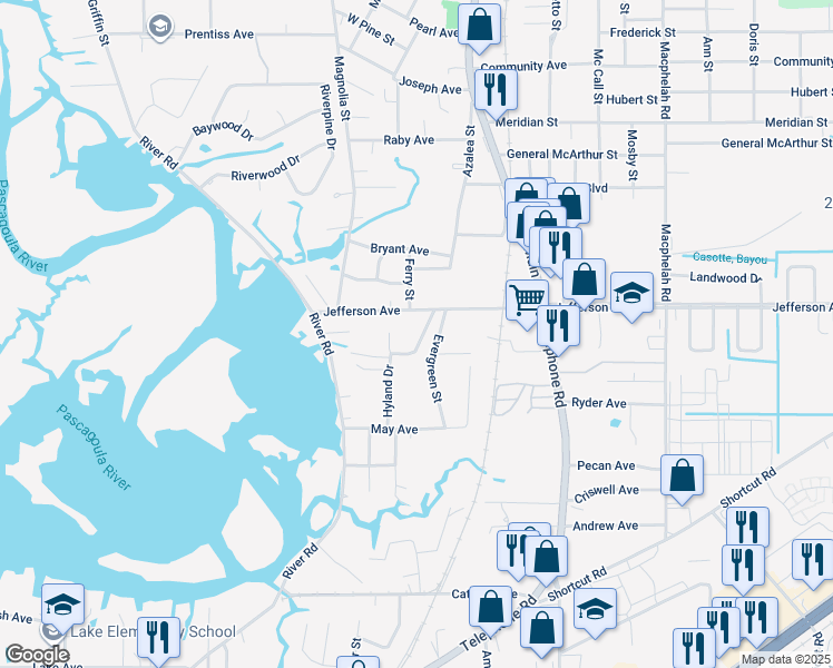 map of restaurants, bars, coffee shops, grocery stores, and more near 3709 Oakridge Street in Pascagoula
