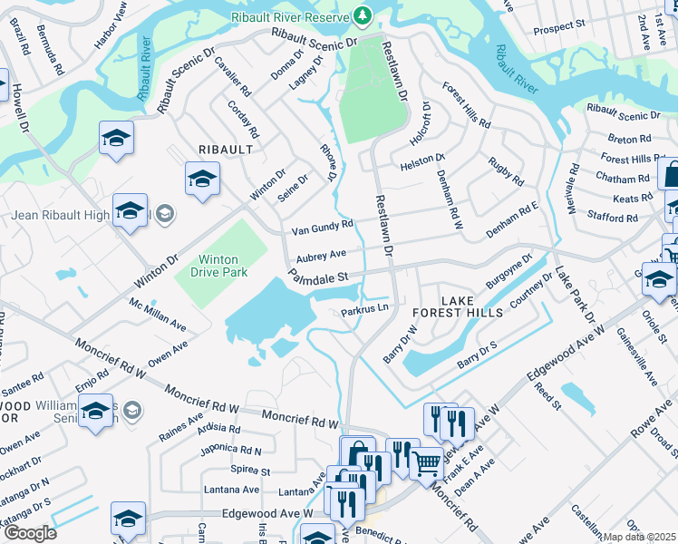 map of restaurants, bars, coffee shops, grocery stores, and more near 2815 Palmdale Street in Jacksonville