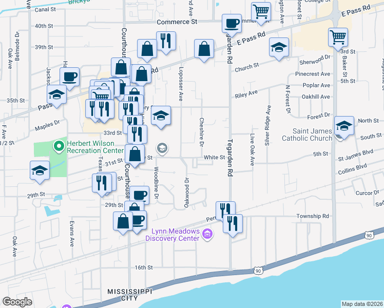 map of restaurants, bars, coffee shops, grocery stores, and more near 218 Perry Street in Gulfport