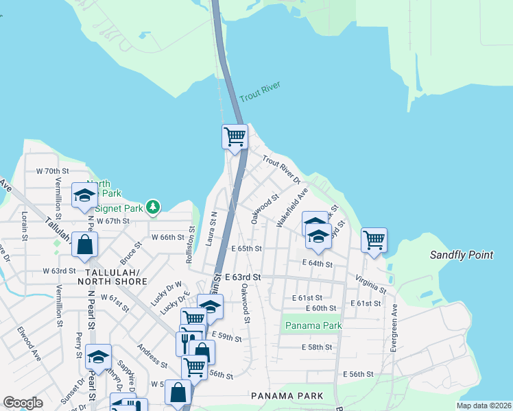 map of restaurants, bars, coffee shops, grocery stores, and more near 8010 Oakwood Street in Jacksonville
