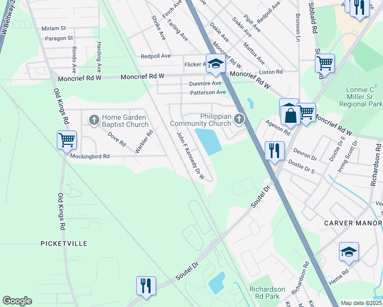 map of restaurants, bars, coffee shops, grocery stores, and more near 7451 John F Kennedy Drive East in Jacksonville