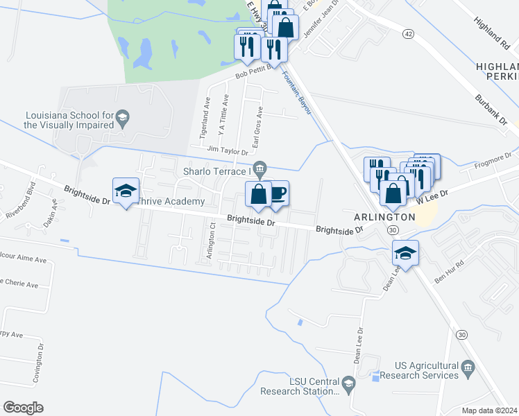 map of restaurants, bars, coffee shops, grocery stores, and more near 1808 Brightside Drive in Baton Rouge