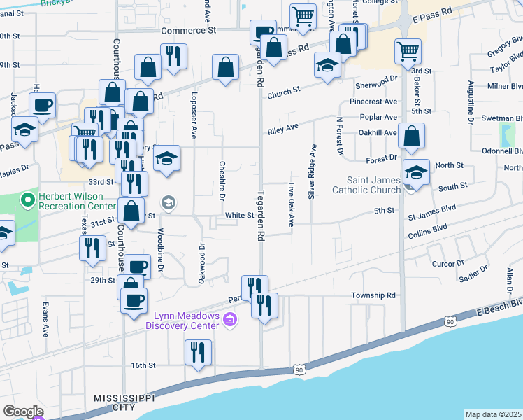 map of restaurants, bars, coffee shops, grocery stores, and more near 428 Tegarden Road in Gulfport