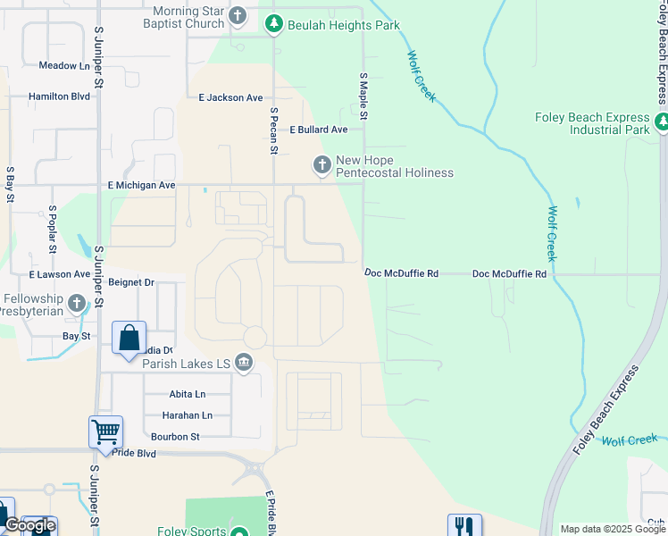 map of restaurants, bars, coffee shops, grocery stores, and more near 21035 Doc McDuffie Road in Foley