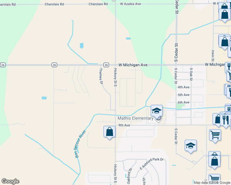 map of restaurants, bars, coffee shops, grocery stores, and more near 6258-7204 South Hickory Street in Foley