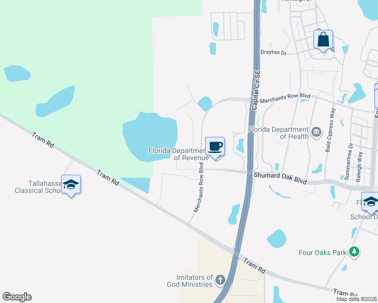 map of restaurants, bars, coffee shops, grocery stores, and more near 2450 Shumard Oak Boulevard in Tallahassee