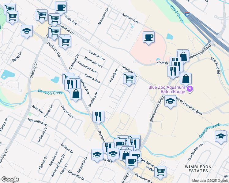 map of restaurants, bars, coffee shops, grocery stores, and more near 3319 Myrtle Grove Drive in Baton Rouge