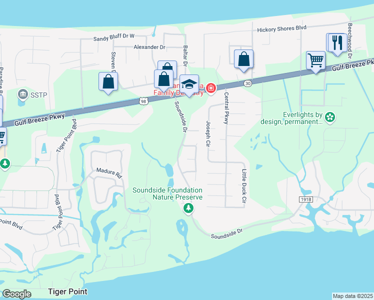 map of restaurants, bars, coffee shops, grocery stores, and more near 4269 Conradina Drive in Gulf Breeze