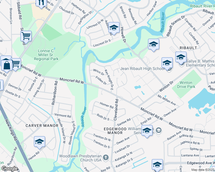 map of restaurants, bars, coffee shops, grocery stores, and more near 4433 Moncrief Road West in Jacksonville