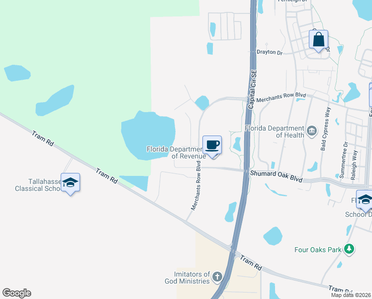 map of restaurants, bars, coffee shops, grocery stores, and more near 2450 Shumard Oak Boulevard in Tallahassee