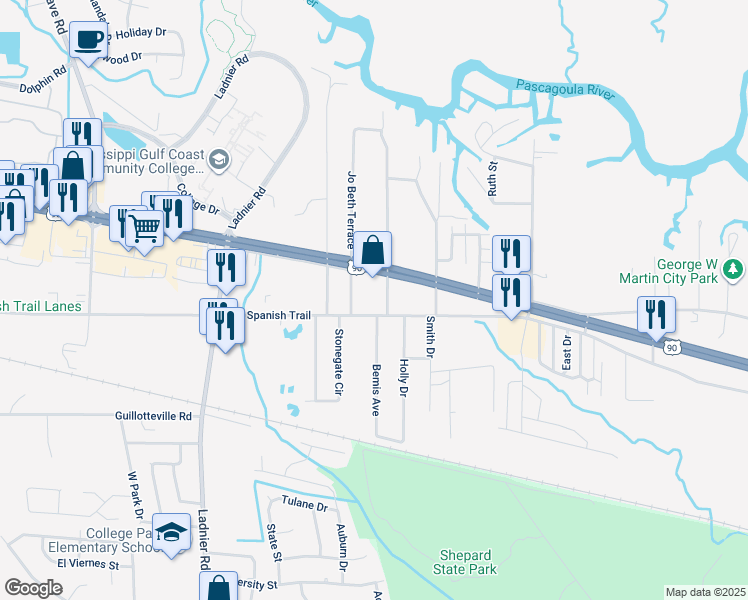 map of restaurants, bars, coffee shops, grocery stores, and more near 3305 Townsend Road in Gautier