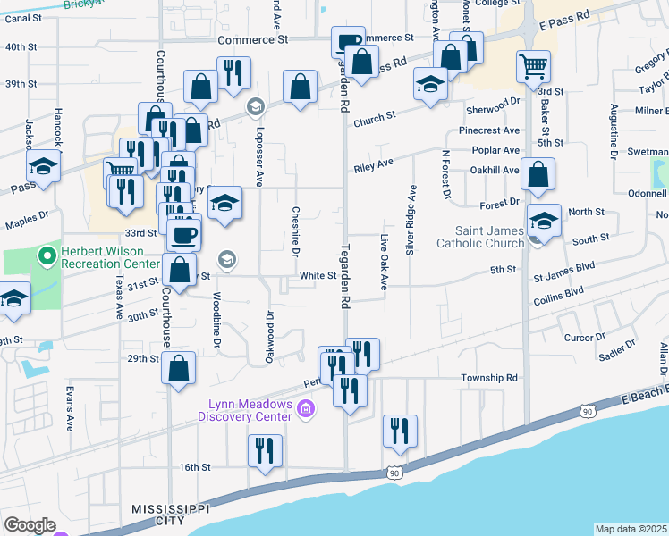 map of restaurants, bars, coffee shops, grocery stores, and more near 428 Tegarden Road in Gulfport