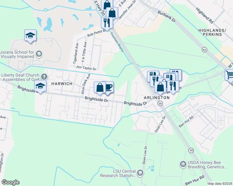 map of restaurants, bars, coffee shops, grocery stores, and more near 1710 Brightside Drive in Baton Rouge