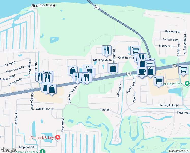 map of restaurants, bars, coffee shops, grocery stores, and more near 3535 Southwind Drive in Gulf Breeze
