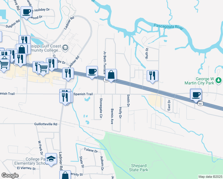 map of restaurants, bars, coffee shops, grocery stores, and more near 3305 Townsend Road in Gautier