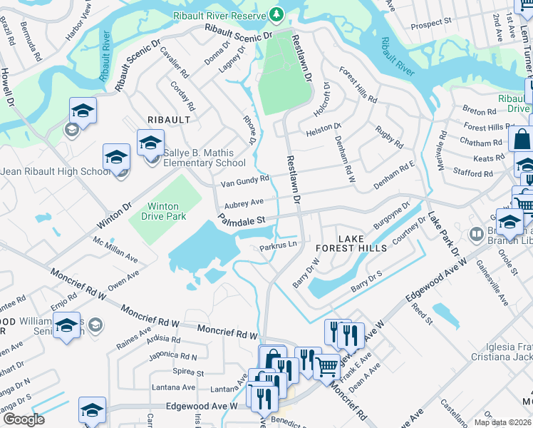 map of restaurants, bars, coffee shops, grocery stores, and more near 2782 Palmdale Street in Jacksonville