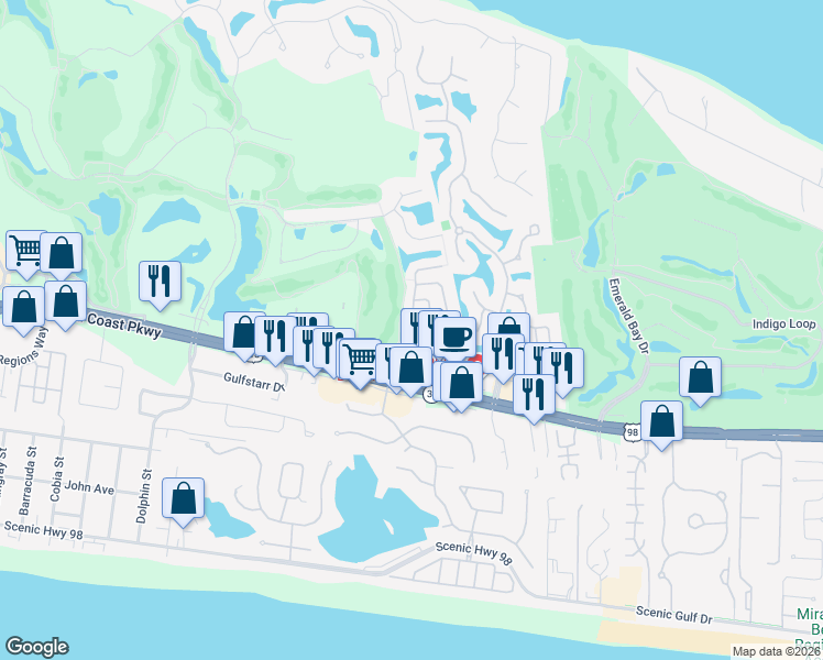 map of restaurants, bars, coffee shops, grocery stores, and more near 241 Calusa Boulevard in Destin