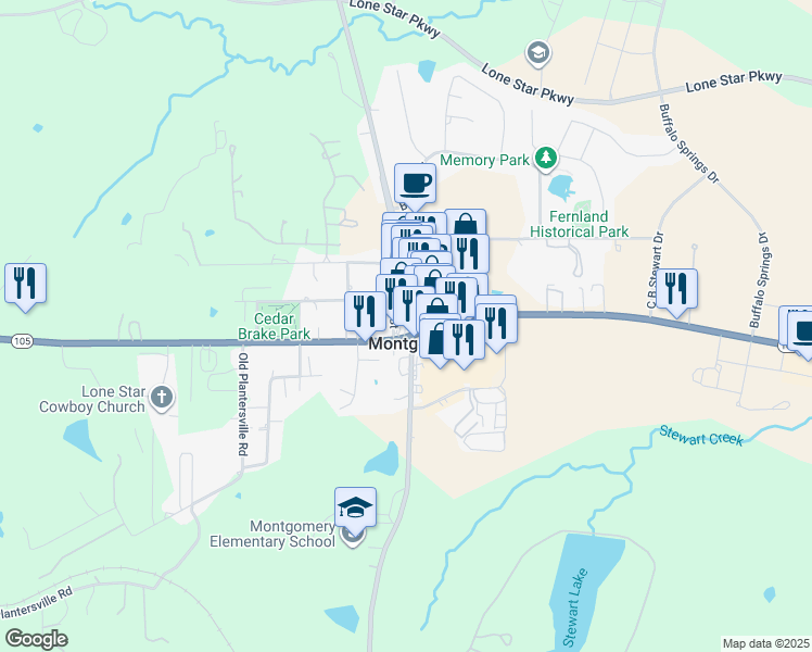 map of restaurants, bars, coffee shops, grocery stores, and more near 1100 Eva Street in Montgomery