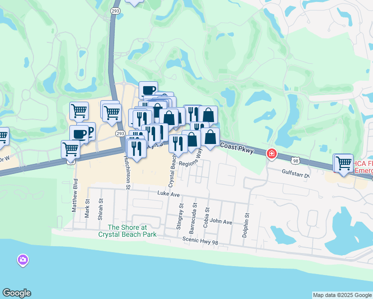 map of restaurants, bars, coffee shops, grocery stores, and more near 35008 Emerald Coast Parkway in Destin
