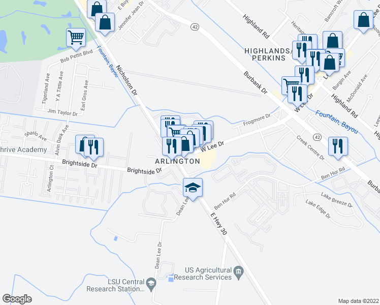 map of restaurants, bars, coffee shops, grocery stores, and more near 1106 West Lee Drive in Baton Rouge