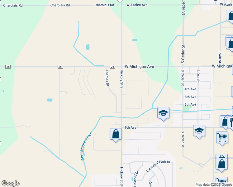 map of restaurants, bars, coffee shops, grocery stores, and more near 1512 Thames Drive in Foley