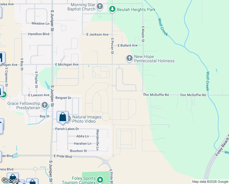 map of restaurants, bars, coffee shops, grocery stores, and more near South Pecan Street in Foley