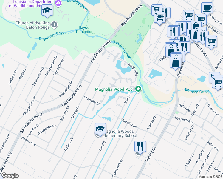 map of restaurants, bars, coffee shops, grocery stores, and more near 1829 Applewood Road in Baton Rouge
