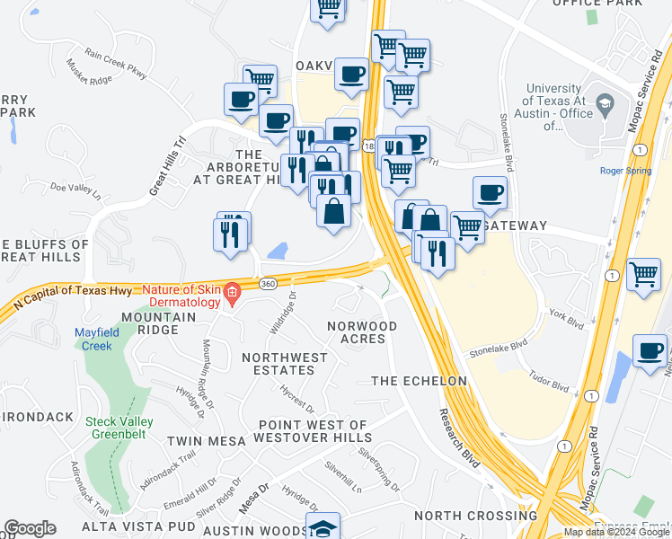 map of restaurants, bars, coffee shops, grocery stores, and more near 9518 North Capital of Texas Highway in Austin