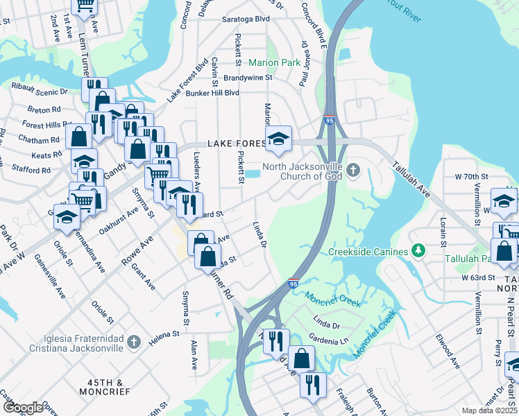 map of restaurants, bars, coffee shops, grocery stores, and more near 7407 Linda Drive in Jacksonville