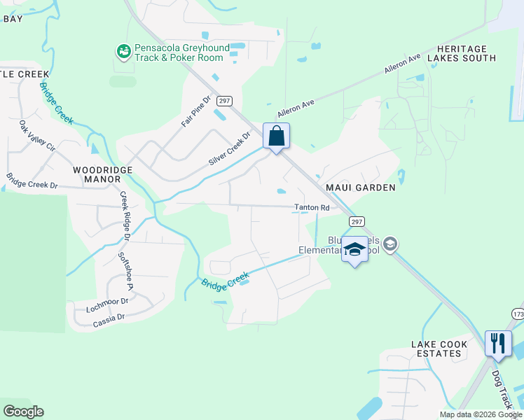map of restaurants, bars, coffee shops, grocery stores, and more near 10419 Tanton Road in Pensacola