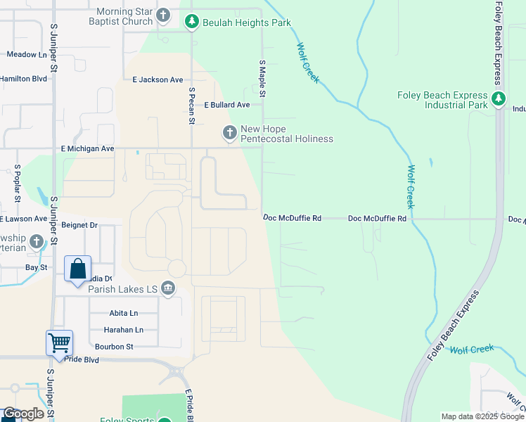 map of restaurants, bars, coffee shops, grocery stores, and more near 21280 Doc McDuffie Road in Foley