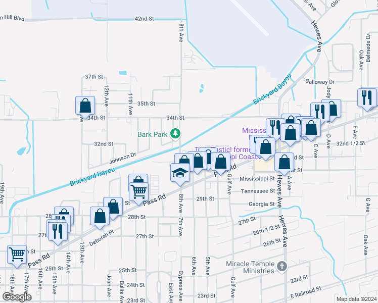 map of restaurants, bars, coffee shops, grocery stores, and more near 3109 7th Avenue in Gulfport