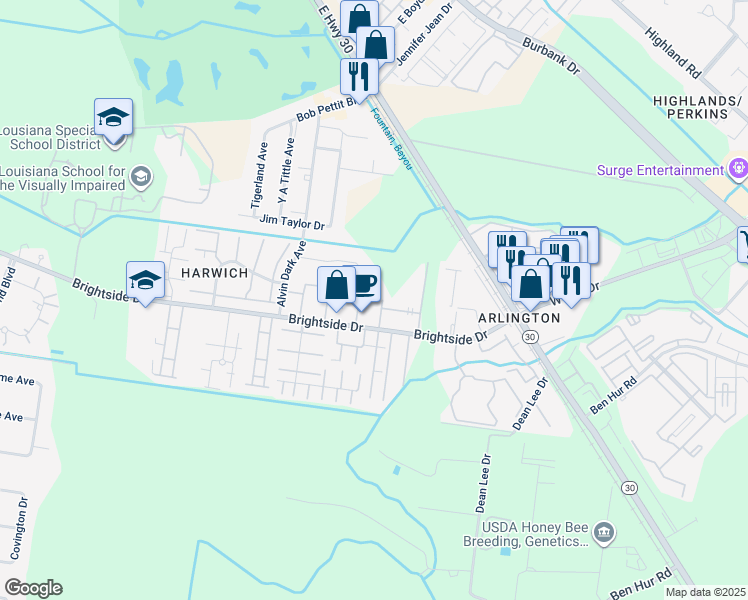 map of restaurants, bars, coffee shops, grocery stores, and more near 1710 Brightside Drive in Baton Rouge