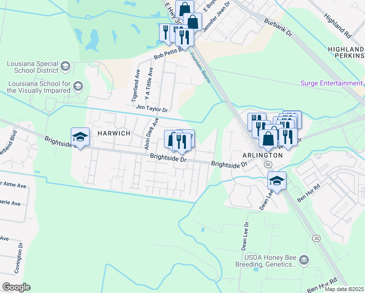 map of restaurants, bars, coffee shops, grocery stores, and more near 1808 Brightside Drive in Baton Rouge