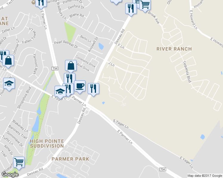 map of restaurants, bars, coffee shops, grocery stores, and more near 12435 Dessau Road in Austin