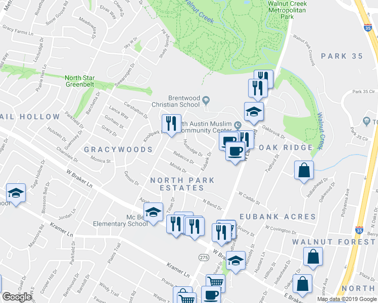 map of restaurants, bars, coffee shops, grocery stores, and more near 1001 Huntridge Drive in Austin